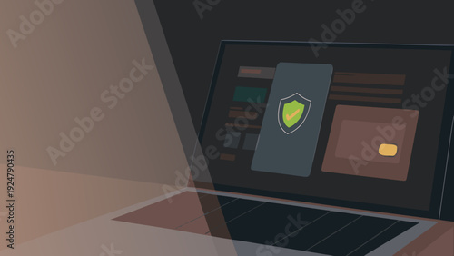Secure digital transaction on laptop with shield icon and credit card on screen in a dark room