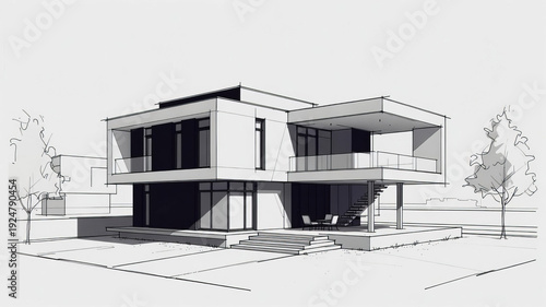 Drawing of a beautiful modern private house in line art style.