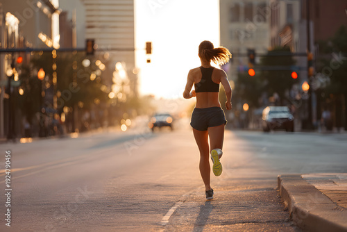 Woman runs on city street during sunset in a busy urban area with vehicles in the background