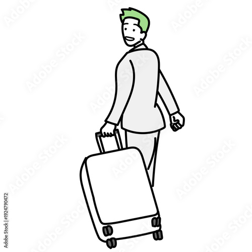 スーツを着てキャリーケースを運びながら笑顔で振り返る男性のイラスト｜出張や旅行に向かうビジネスマンの移動風景を描いたベクター素材
