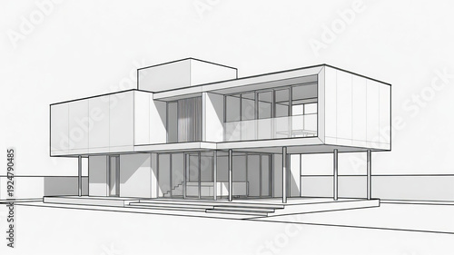 Drawing of a beautiful modern private house in line art style.