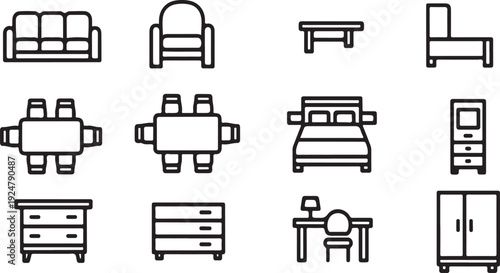 A collection of furniture icons including sofas, beds, and storage units Vector