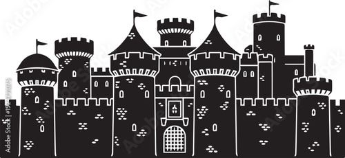 Castle silhouette vector illustration, medieval fortress, fairytale kingdom, fantasy