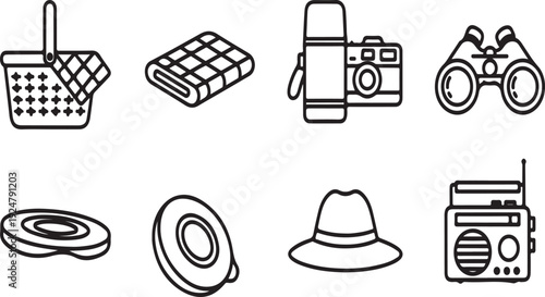 A collection of various objects including a basket, waffles, camera, binoculars, frisbees, hat, and radio. Vector