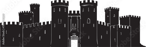 Medieval castle fortress citadel palace architecture defense building vector silhouette illustration line art