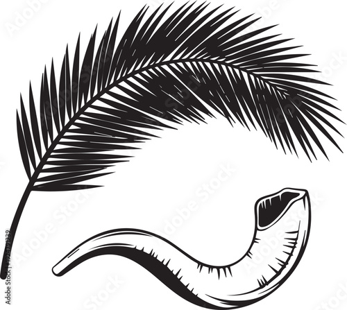 Palm leaf and shofar vector illustration, religious symbols, ancient artifact, festive