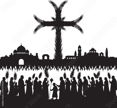 Palm sunday procession silhouette vector illustration with people carrying palm fronds and city skyline