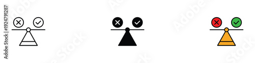 Balanced decision making icon vector. Ethics symbols representing pros and cons or right and wrong. Vector Illustration.