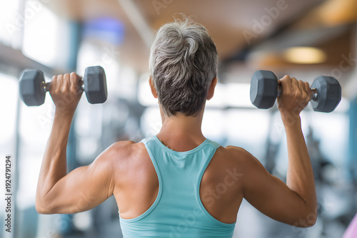 Woman exercises with dumbbells in gym during workout session focused on upper body strength training