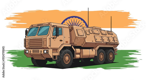 Illustration of an Indian Army defense vehicle with a patriotism theme, showcasing military equipment and strategy on a green and orange background.
