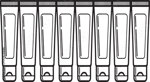 Eight empty tubes of paint standing upright in a row Vector