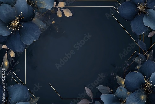 An elegant dark blue floral frame adorned with gold geometric accents, designed for invitations or backgrounds, marrying sophistication with artistic flair.