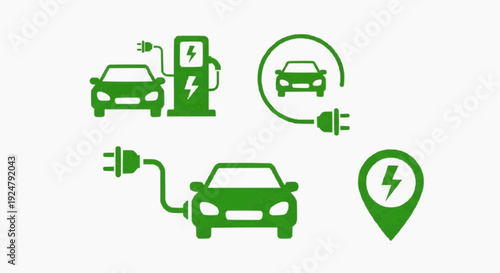 Green Electric Vehicle Charging Station Icon Set for Eco-Friendly Transport