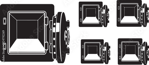 Black and white illustration of multiple safe boxes opened
