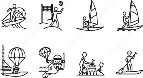 Illustrations of people engaging in various water sports and activities Vector