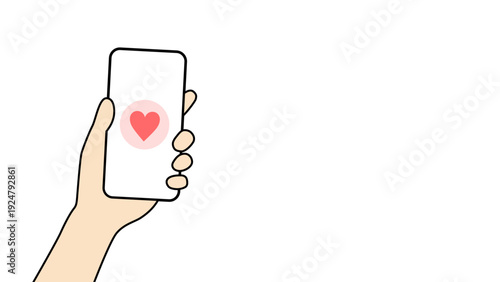 スマートフォンを持つ手とハートアイコンのイラスト