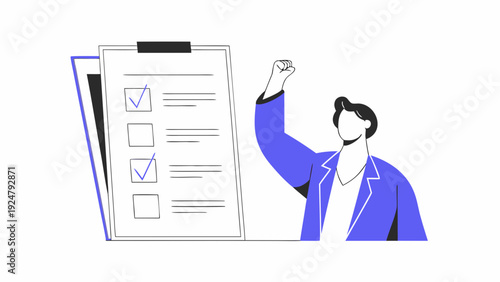 Business professional celebrating achievement with checklist feeling successful and motivated