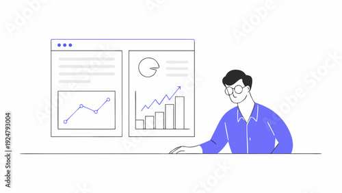 Startup founder analyzes business growth charts and graphs on computer screen in modern office setting with purple shirt and glasses