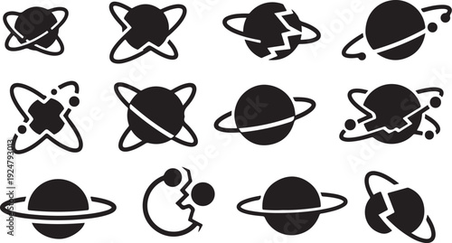 Black and white planetary icons in various simple styles
