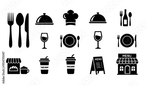 Restaurant Silhouette Icon Set Black Solid Food and Dining Symbols Vector Isolated on White
