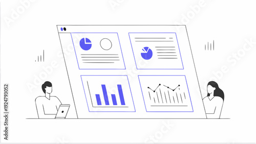 Business analysis concept with people working on laptop and analyzing data charts and graphs on a large computer screen