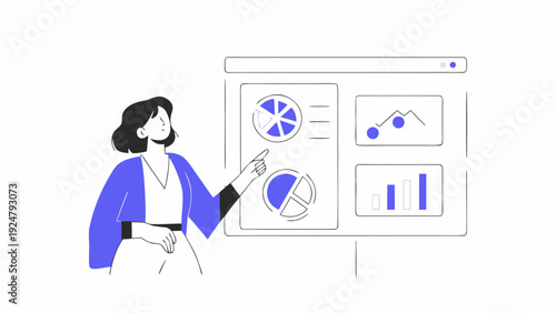 Female startup founder explaining market analysis dashboard with pie charts and graphs
