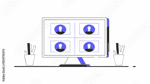 Remote team video meeting displayed on large screen with four participants