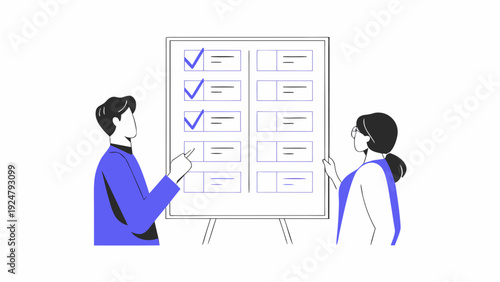 Two colleagues discussing project tasks on a checklist board in a meeting