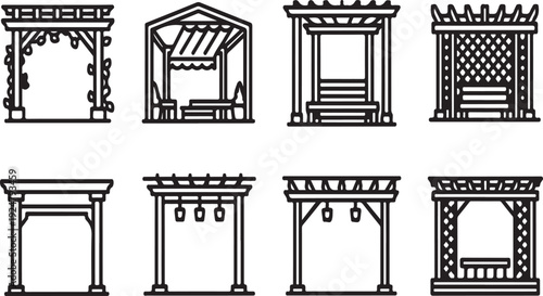 A collection of various traditional architectural elements and structures. Vector