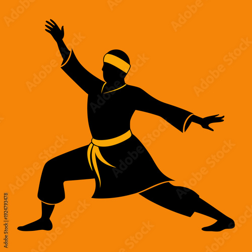 Kung Fu Martial Artist Dynamic Silhouette on Orange Background Illustration
