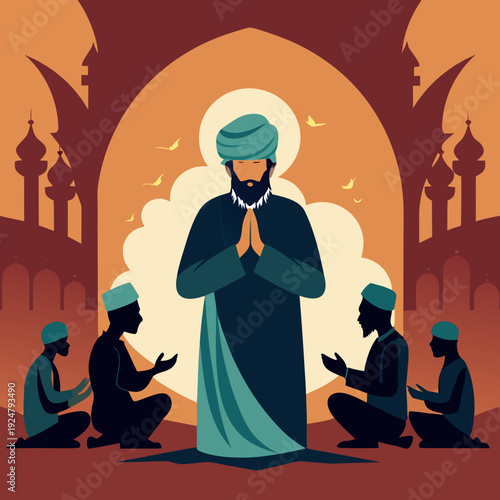 Islamic Imam Making Dua Surrounded by Worshippers Mosque Vector Illustration