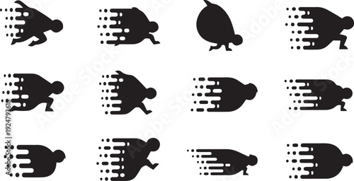 Silhouettes of people running in various dynamic motion poses