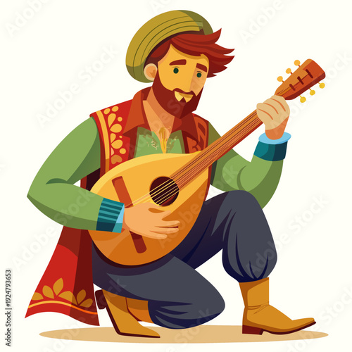 Traditional Male Musician Playing String Instrument Illustration