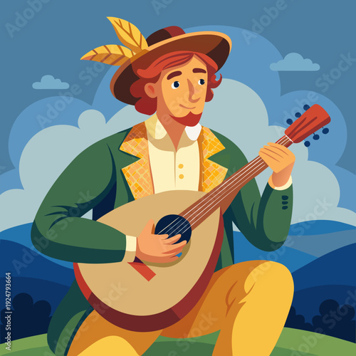 Traditional Folk Musician Playing Lute Vector Illustration