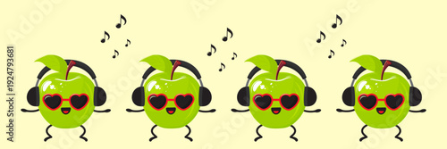 funny green apple characters dancing in headphones vector illustration.