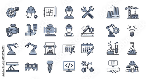 Collection of engineering construction and industrial icons in blue tones