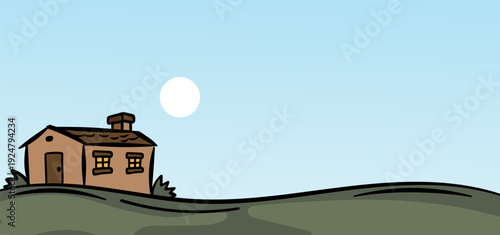 Cottage Illustration On Green Hills Cartoon Style .Vector Illustration