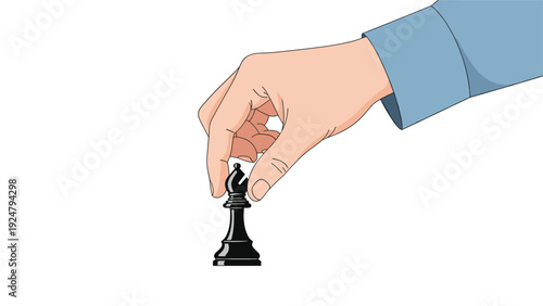 Close up of a hand strategizing and moving a black bishop chess piece on a plain white background for game themes.