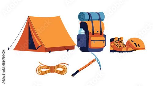 Outdoor adventure gear set featuring an orange tent large hiking backpack climbing rope ice axe and safety helmet.