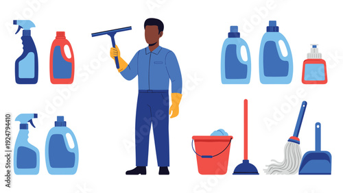 Professional male cleaner in blue uniform holding a window squeegee surrounded by buckets mops and detergent bottles.