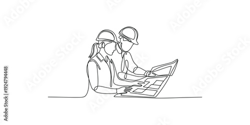 Continuous line drawing of two construction workers or engineers reviewing a blueprint together