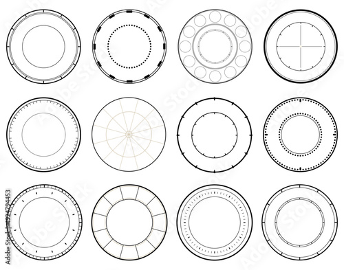 Watch dial design without numbers or hands on white background. Timepiece frame. Mechanical timer clockwork. Accuracy scale. Minutes and seconds measure. Clock face vector elements set
