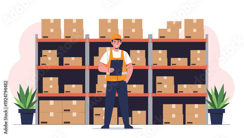 Warehouse worker in a safety vest and helmet holding a clipboard standing in front of shelves filled with boxes.