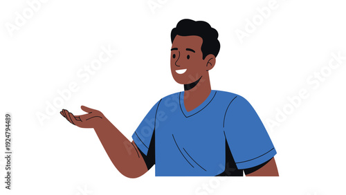 Friendly African American man in a blue shirt smiling and gesturing with his hand as if presenting something or talking.