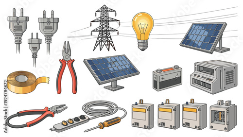 Extensive collection of electrical components including solar panels circuit breakers power lines light bulb and tools.