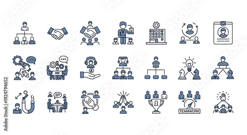Collection of blue line icons representing business law and teamwork