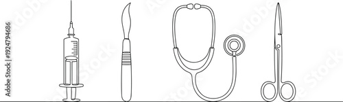 Medical Equipment Line Art Illustration Featuring Syringe Scalpel Stethoscope and Surgical Scissors Healthcare Tools Outline Drawing Set