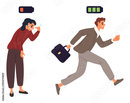 Tired woman. Lively and energetic man. Gender inequality. Unfair competition. Sex discriminations. Career and business sexism. Unequal rivalry. Injustice employment. Vector concept