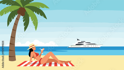 Young woman in a red bikini relaxing on a striped towel at a tropical beach with a cocktail and a luxury yacht.