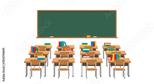 School classroom interior with blackboard desks and chairs